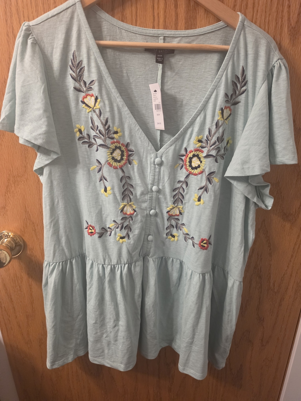Soft Green Embroidered V-Neck Women's Top - NEW WITH TAGS - Plus Size 22/24
